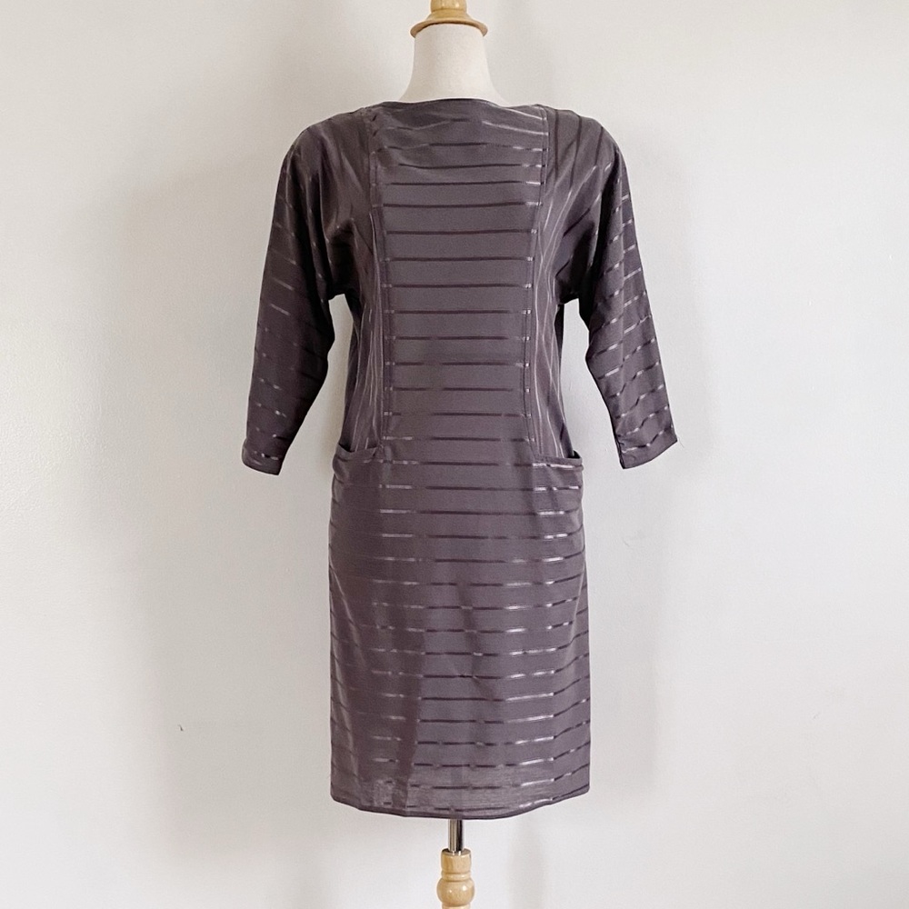 Vintage 80s Gray Striped Dolman Sleeve Dress with Pockets Size Small